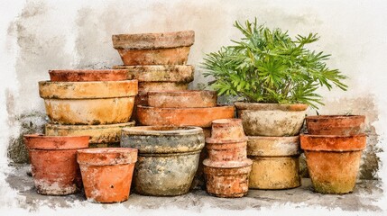 Fototapeta premium A collection of clay pots, exploring diverse shapes, sizes, and earthy textures for functional decorative purposes
