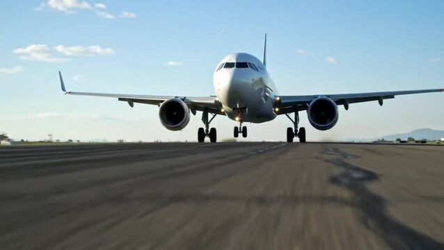Smooth 4K video of a plane landing on a sunny runway. No people, logos, or text. Clean, cinematic, and sharp&mdash;ideal for aviation, travel, or global transport visuals.