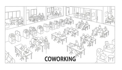 Coworking Line Art Illustration of Open Office Space with Desks and People | Black and White Sketch for Startup, Business, and Collaborative Workspace Concepts