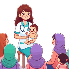 Doctor Holding a Baby Explaining to Mothers with Hijab in Cartoon Style