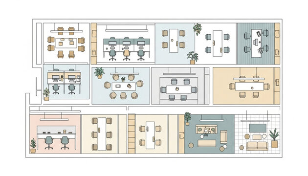 Office Floor Plan Layout | Top View Architectural Drawing of Workspace with Desks, Meeting Rooms, and Lounge Areas for Interior Design and Real Estate Marketing