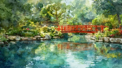 Tranquil red bridge, picturesque painting of serene river landscape scenic