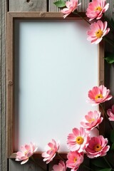 Rustic wood backdrop, blank frame, fluffy gypsophila , gypsophila, frame mockup