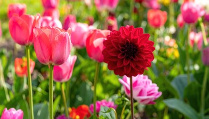 Fototapeta premium Vibrant floral display with prominent red dahlia amidst tulips in soft focus