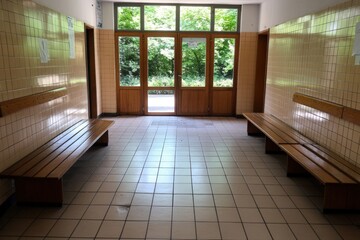 Symmetric corridor with wooden benches and open doorway with outdoor trees
