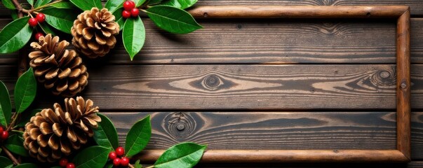 Fototapeta premium Rustic wood frame, pine cones, berries, holly, backdrop, christmas, celebration