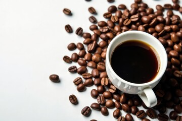 Fototapeta premium Scattered coffee beans, brown sugar, and ceramic coffee cups , beans, organic, food photography
