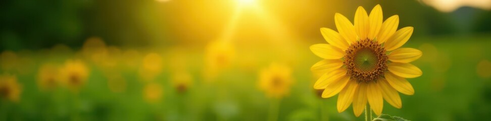 Single sunflower facing sun, sharp focus, lush green background , garden, wildflower