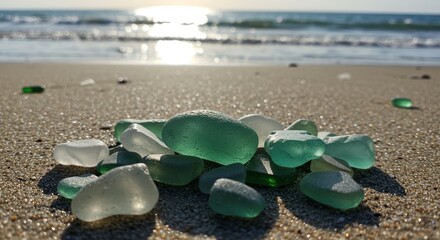 Sea glass treasures glistening on sandy beach at sunset evoke coastal charm
