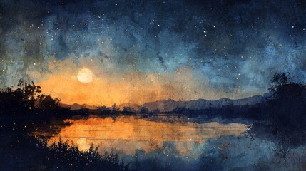 Naklejka premium Tranquil moonlight lake painting, serene night landscape reflecting the full moon