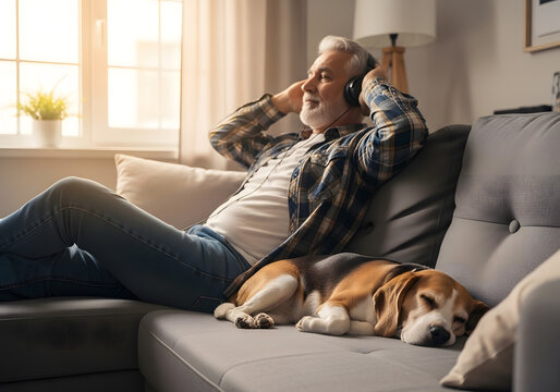 Content older man lounging on couch with headphones in his living room while a senior dog sleeps nearby.