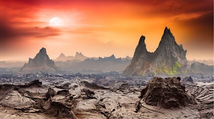 Extraterrestrial landscape with mountains and sky