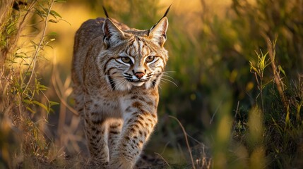 A bobcat cautiously walks through tall grass and golden sunlight