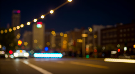Blurred night scene shows city street lights and buildings in the background.premium bokeh urban photos for poster backgrounds, banners and corporate flyers
