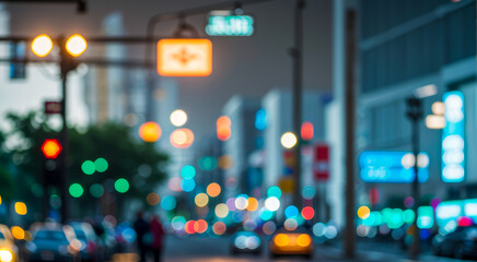 Blurred city street scene at night with lights traffic and buildings.premium bokeh urban photos for poster backgrounds, banners and corporate flyers