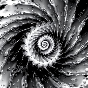 spiral fractal structure puter generated inverted black and white abstract intensity map photo, subject at the bottom with copy space at the top.