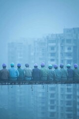 Construction workers seated on beam