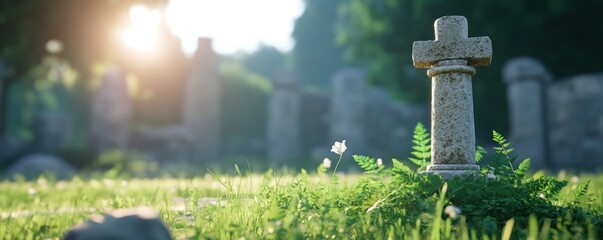 Stone cross amidst greenery serene outdoor scene with sunlight and historical symbolism
