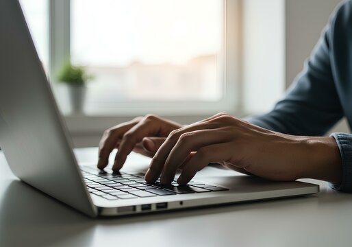 Person Typing on Laptop Computer, Close Up View
