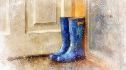 Whimsical blue rain boots painting, celebration of joyful puddle splashes and rainy day adventures