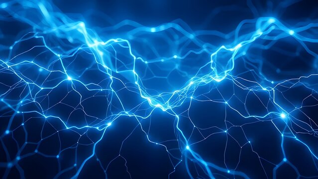 lightning in the sky | A complex network of glowing blue lines interconnected on a dark blue background with bright spots