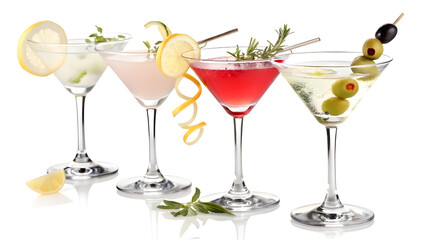 A Row of Colorful Cocktails in Martini Glasses – Elegant Drink Presentation on White Background

