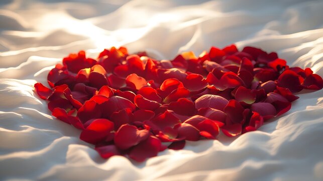 A heart shaped arrangement of rose petals on a white sheet with soft light illuminating the scene