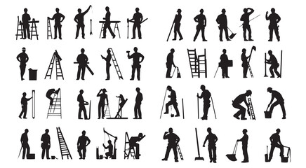 Construction workers silhouettes diverse tasks teamwork