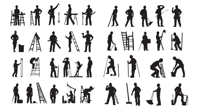 Construction workers silhouettes diverse tasks teamwork