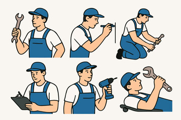 Vector Set Mechanic at Work: A set of illustrations showing a diverse mechanic in a variety of automotive repair scenarios. Each depicts skilled technician meticulously working on vehicles