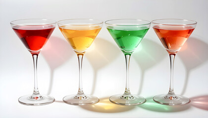 A Row of Colorful Cocktails in Martini Glasses – Elegant Drink Presentation on White Background

