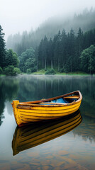 Obraz premium A serene wooden boat on the lake with colorful reflections in foggy weather