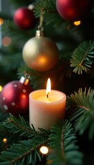 Small votive candle nestled amongst ornaments on a Christmas tree , ornaments, tree