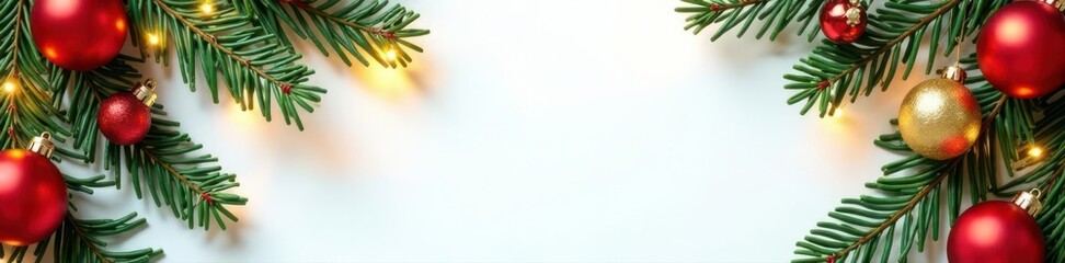 Obraz premium Spruce branches, red & gold ornaments, twinkling lights White background Festive Christmas frame , gift, ornaments