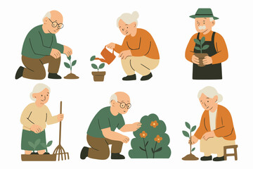Vector Set Gardening with Care: A heartwarming illustration captures the simple joys of life as elderly individuals are engaged in the art of gardening, nurturing plants with love and patience.