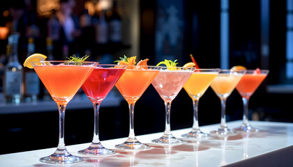 A Row of Colorful Cocktails in Martini Glasses – Elegant Drink Presentation on White Background

