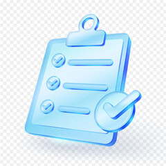 3D clipboard checklist icon. Glossy glass material with check mark and big circle check symbol. Suitable for business productivity, work apps and planning visuals. Vector illustration.