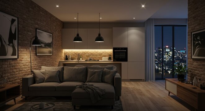 Urban apartment boasts stylish interior with cityscape panorama at twilight hour