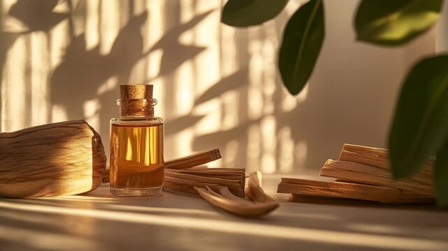 A bottle of oil sits on a table next to some sticks. The sticks are arranged in a way that they look like they are leaning on the bottle. The scene has a calm and peaceful mood