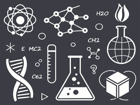 A digital illustration featuring various scientific and technical symbols and diagrams in white against a dark background. Elements include atomic structures, molecular diagrams (like H2O and CH2) 