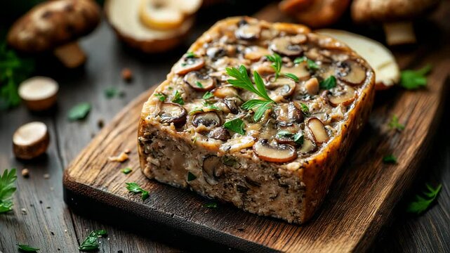 Delicious homemade mushroom pate on a wooden board, garnished with fresh parsley