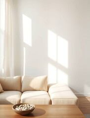 Fototapeta premium Bright and airy living room with natural sunlight, cream sofa, and minimalist decor