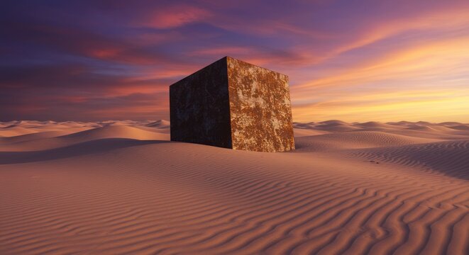Solitary cube in surreal desert landscape at sunset dreamlike concept