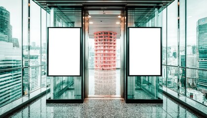 Modern glass elevator lobby with blank displays