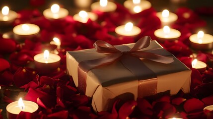 A romantic gift wrapped with a satin ribbon and surrounded by rose petals and soft glowing candles