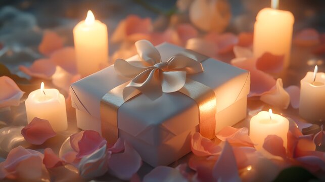 A romantic gift wrapped with a satin ribbon and surrounded by rose petals and soft glowing candles