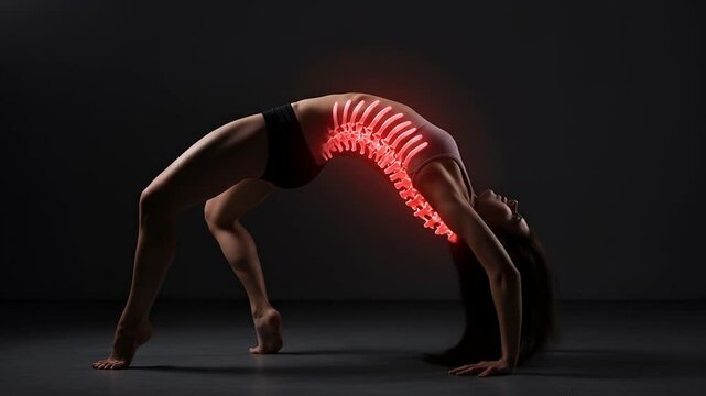 Flexible figure in backbend pose with glowing spine