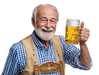 Happy Senior with Beer Stein: A jovial senior gentleman, sporting a traditional vest, smiles broadly while holding up a large beer stein, giving a thumbs-up.