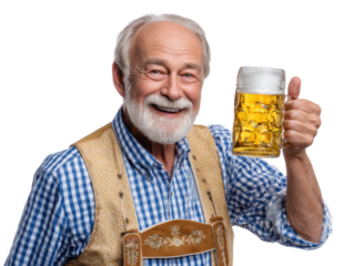 Happy Senior with Beer Stein: A jovial senior gentleman, sporting a traditional vest, smiles broadly while holding up a large beer stein, giving a thumbs-up.
