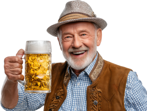 Cheers to Tradition: An elderly gentleman, radiating joy in a festive hat, raises a stein of refreshing beer. The image evokes a sense of cheerful celebration and time-honored traditions. - Powered by Adobe